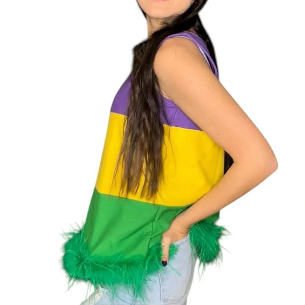 Mardi Gras Tank Cotton Top with Feather Hem